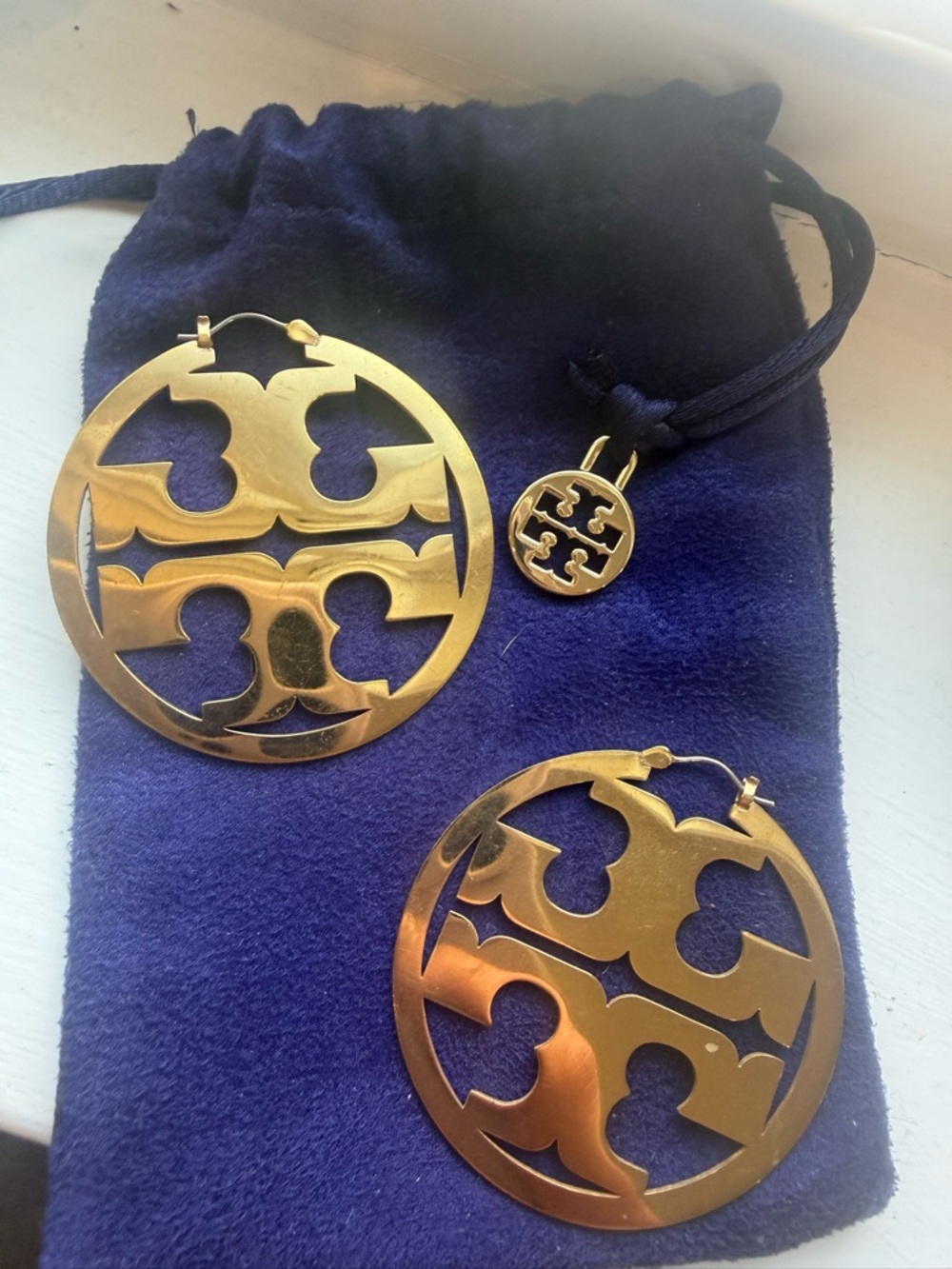 Tory Burch Shiny Gold Double-T Cutout Hoop Earrings with Logo Pendant